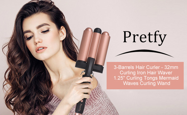 Pretfy Hair Curling Iron 3-Barrel 32mm Hair Waver Hair Curler Temperature Adjustable LCD Temp Display Hair Styling Tool