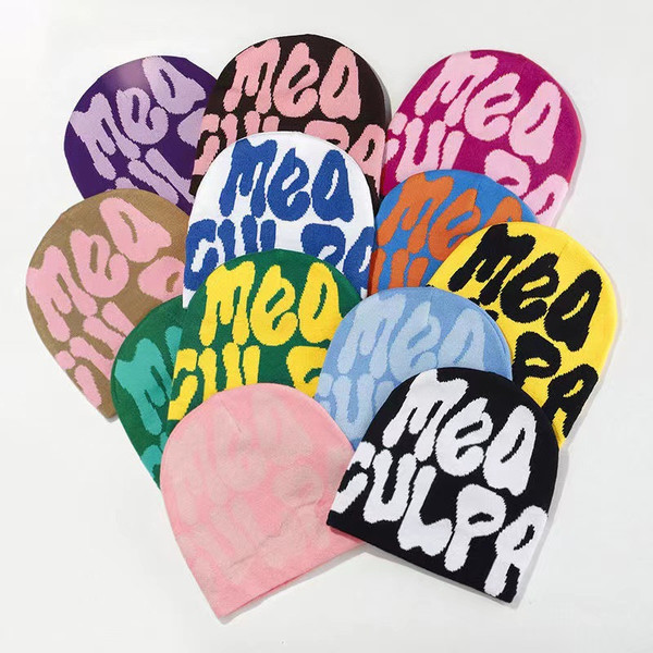 Cross-border hot sale MEA CULPA Korean style  versatile autumn and winter hip-hop European and American trendy letter jacquard knitted hat 色	Yellow black