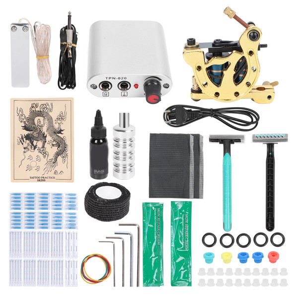 Coil Tattoo Machine Kit Power Supply Foot Pedal Tattoo Needle Ink Cup Tattoo Practice Tool Set (90‑265V)EU Plug