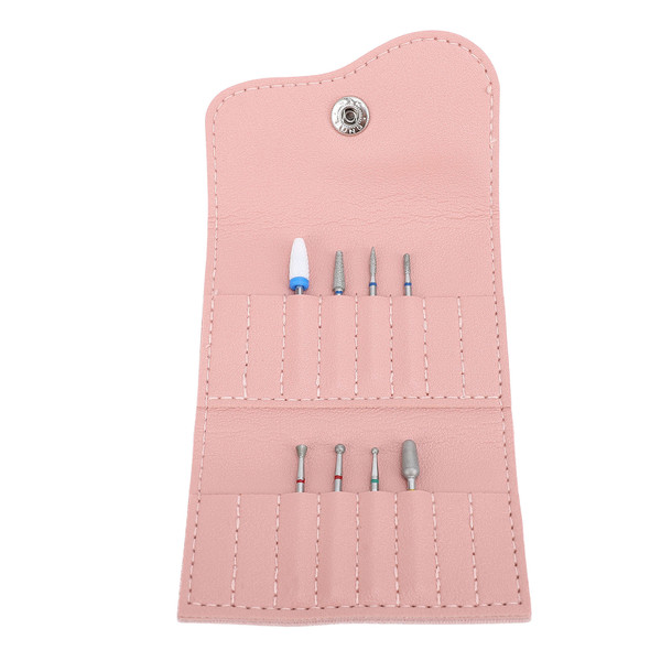 16 Holes PU Nail Drill Bits Storage Bag Dust Proof Water Resistant Nail Drill Bits Holder Container with 8pcs Nail Drill Bits Pink