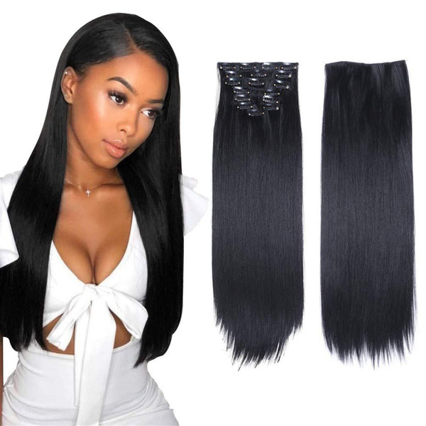 8 Pcs Set Clip in Hairpiece 22in Black Straight Soft Silky Washable Reusable Clip in Hair Extension 17 Clips