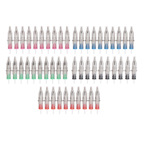 50pcs Tattoo Ballpoint Pen Cartridges Semitransparent 5 Colors Ink Ball Pen Cartridges Black Red Blue Green Pink 10ml