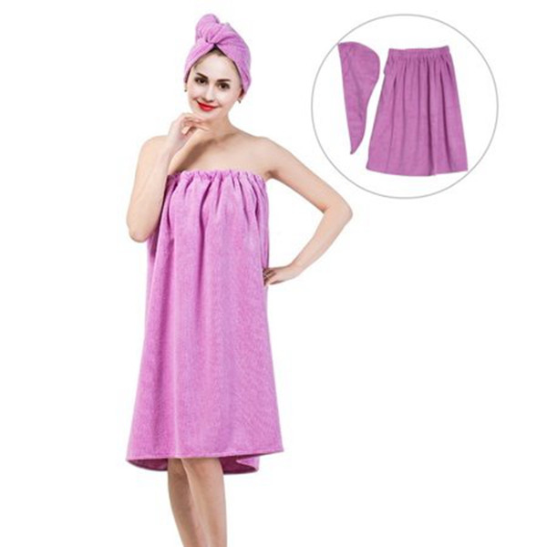 Women Soft Spa Bath Body Wrap Set Towel Bathrobe With Fast Dry Hair Drying Cap Light Purple