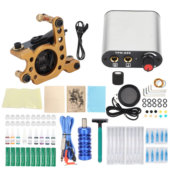 Coil Tattoo Machine Kit Practice Skin Clip Cord Tattoo Transfer Paper Novice Tattoo Tool Set (90‑265V)EU Plug