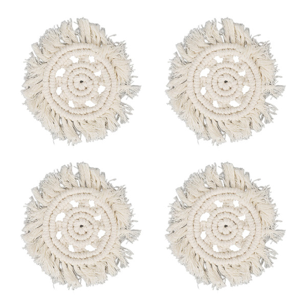 4Pcs Coasters Cotton Soft Light Solid Color Round Anti Scald Braided Mat with Tassel for Lipstick Pot Bowl Coffee Cup White