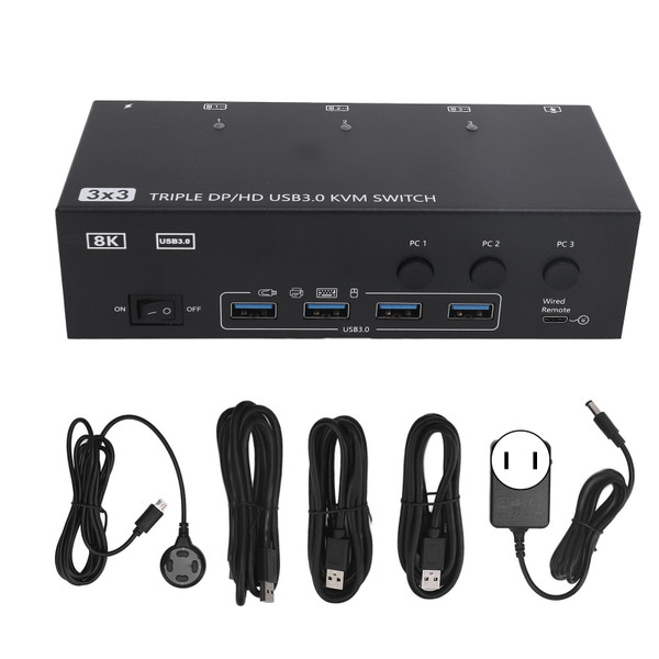 DisplayPort HD USB3.0 KVM Switch 8K At 60Hz 4K At 144Hz KVM Switcher for 3 Computers Share 3 Displays 4 USB Device