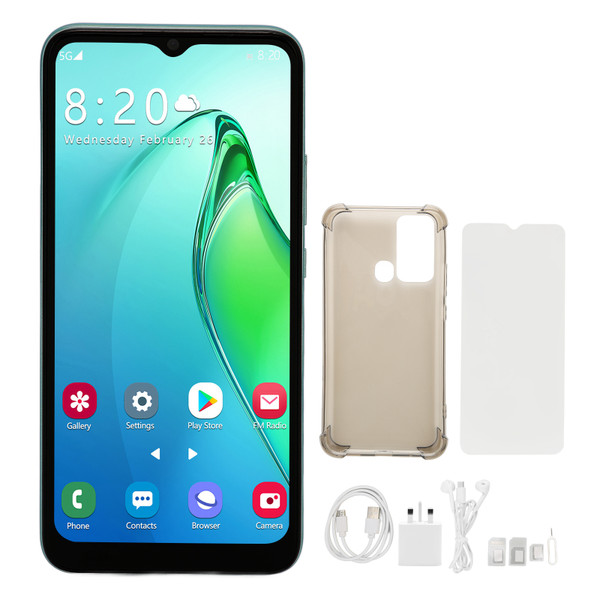 6.5in IPS HD Screen 5G Smartphone 6GB 128GB Fingerprint Face Unlock Cellphone with 5000mAh Battery for Android 12 100‑240V Green UK Plug