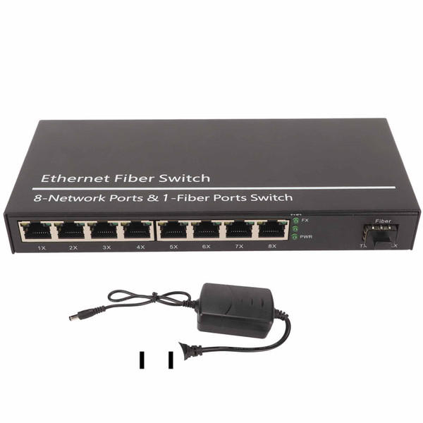 Fiber Ethernet Media Converter 1 Optical Port 8 Electrical Port 10 100 1000M Gigabit SFP Ethernet Fiber Switch 100‑240V US Plug