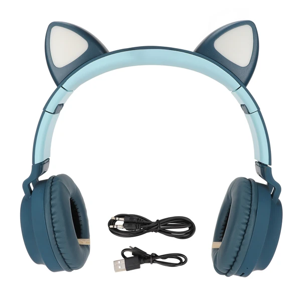 Cat Ear Gaming Headphones Deep Bass LED Light Foldable Cute Cat Ear Headset with Soft Earmuffs Blue Green