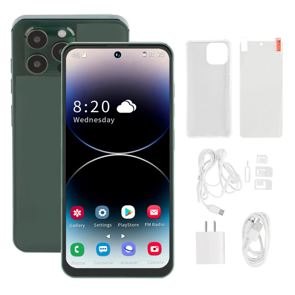 I14 Pro Max 6.7 Inch 4G Phone for Android 12 4GB 128GB Cell Phone with 4000mAh Battery Green 100‑240V Green US Plug