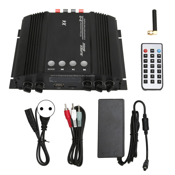 Bluetooth Amplifier 4CH HiFi Stereo Subwoofer Distortion Free Multi Input Speaker Amp with Remote Control 100‑240V EU Plug