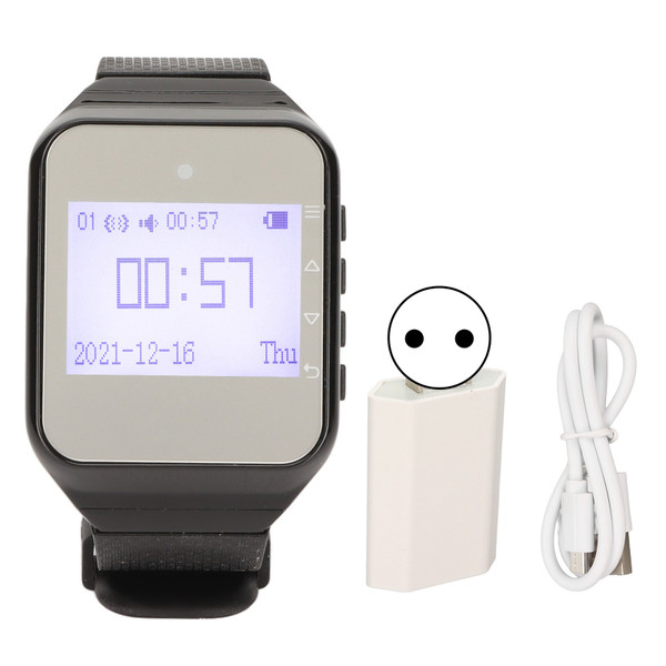 Watch Pager LCD Calendar Display One Button Alarm Vibration Wireless Calling System for Catering Factories EU Plug Black