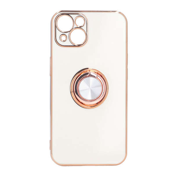 Mobile Phone Case for Iphone 13 with Rose Gold Glitter Plated Ring Stand Ultra Thin Flexible TPU Phone Protective Case White