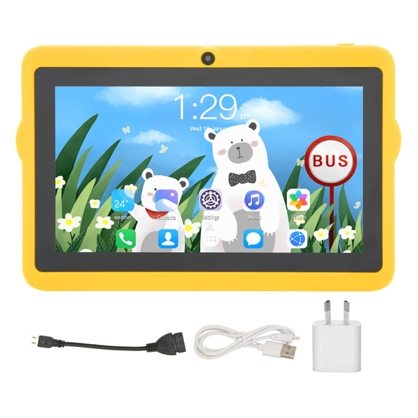 7 Inch Kids Tablet for Android 10 2GB 32GB 2.4G 5G WIFI Dual Band Low Blue Light Technology IPS HD Tablet with Bracket 100‑240V Yellow AU Plug