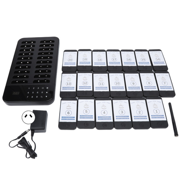 Wireless Calling System 3 Calling Modes Touch Control Maximum 998 Pagers Restaurant Pager with 20 Pagers 100‑240V AU Plug