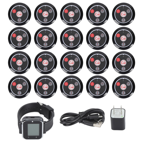 Wireless Calling System Rechargeable Battery 3 Modes LCD Display Wireless Watch Receiver and IPX4 Waterproof 20 Pagers 100‑240V US Plug