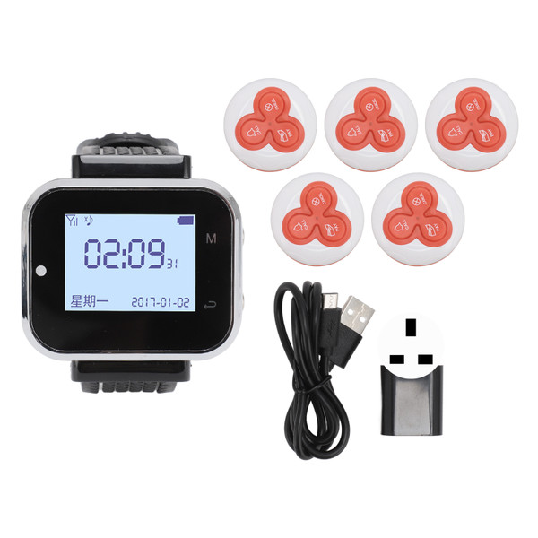 Wireless Calling System Restaurant Queue Vibrating Buzzing 1 Watch Rechargeable Receiver 5 Pagers 100‑240V GB Plug