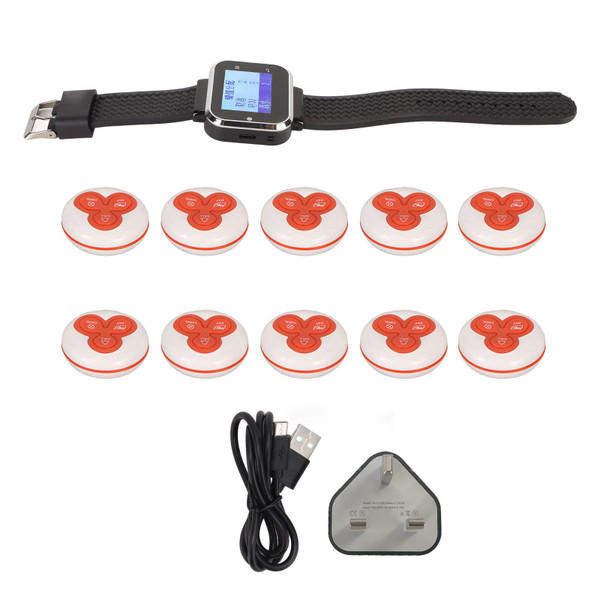 Wireless Call Button System IPX4 Waterproof Vibration Buzzer Flashing 1 Watch Receiver 10 Pagers Calling System 100‑240V UK Plug