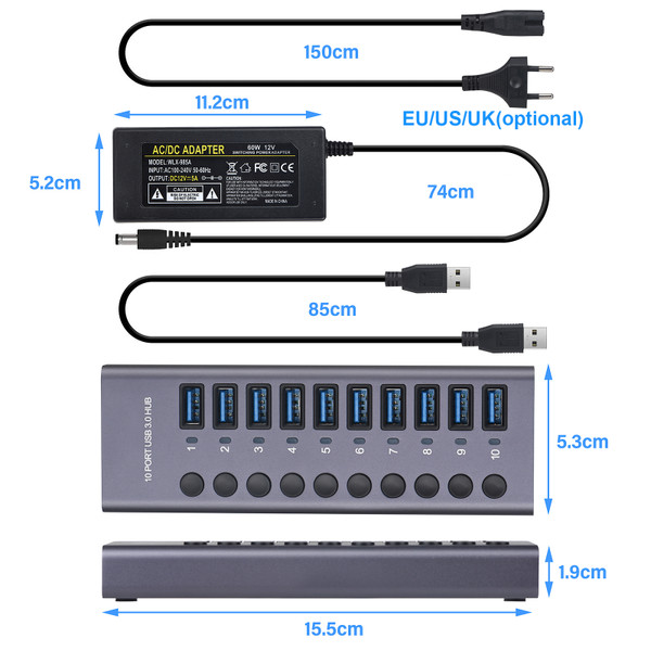 985A 10-Port USB 3.0 Hub USB Splitter Hub USB Docking Station 300MB/S High-Speed Transmission with Individual Switches 12V 5A Power Adapter for Laptop PC Smartphone Tablet Keyboard Mouse Flash Drive USB Fan Lamp