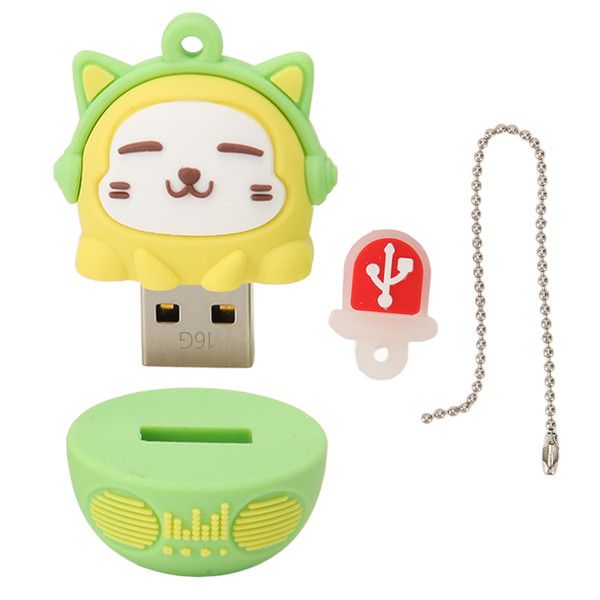 Cartoon Flash Drive PVC USB2.0 Cat Pattern Plug and Play Shockproof U Disk for Phone Laptop Yellow Green 16g