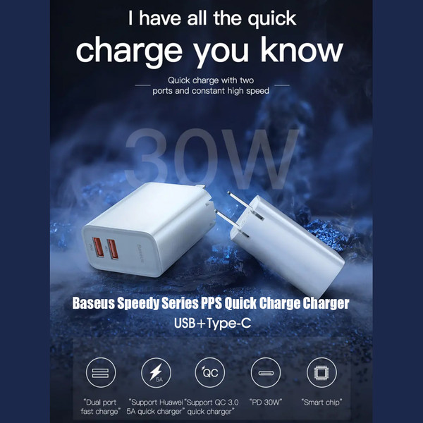 Baseus USB C Charger 30W PD Charger Fast Charging Type C Wall Charger Foldable Adapter with Dual Port USB C PD 3.0 Plus USB A Compatible with iPhone 12 Mini Pro Max MacBook  Pixel Samsung Galaxy