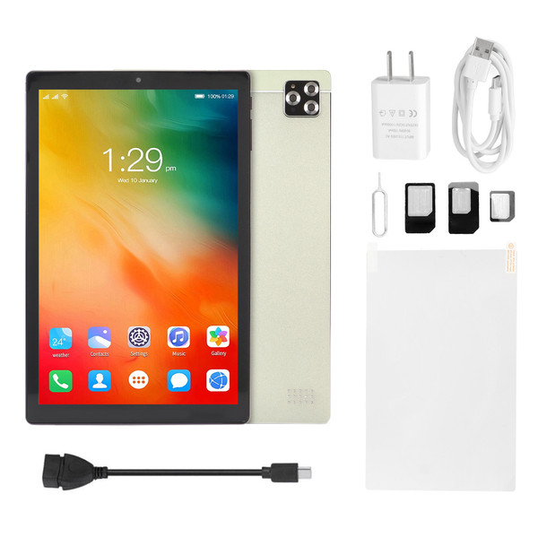 10.1 Inch Tablet 8GB RAM 128GB ROM Octa Core Dual Camera 4G LTE 3 Card Slots 7000mAh Office Tablet with Film 100‑240V Green US Plug