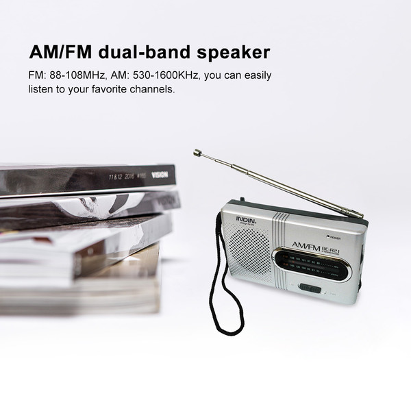INDIN BC-R21 AM/FM Dual Band Radio Receiver Portable Player Built-in Speaker with a Standard 3.5MM Headphones Jack Silver grey