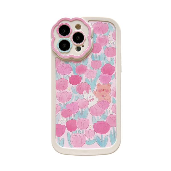 Phone Case Pink Flower Bear Pattern TPU Mobile Phone Shell Cover with Reserve Lanyard Hole White Bottom for IPhone 13