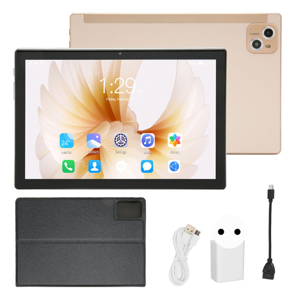 for Android 12 10.1 Inch Tablet 8 Core CPU 8GB RAM 256GB ROM 2.4G 5G WiFi 7000mAh 4G Network Tablet with Case 100‑240V Gold EU Plug