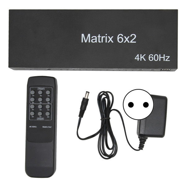 6x2 HD Multimedia Interface Switcher 6 in 2 Out Splitter Supports Up to 4K 60Hz EDID 3D HDCP 2.2 Remote Control 100‑240V EU Plug