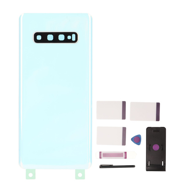 Rear Back Glass Cover Housing with Pre Installed Camera Lens Tape Touch Pen Phone Holder Replacement for Galaxy S10+Plus White