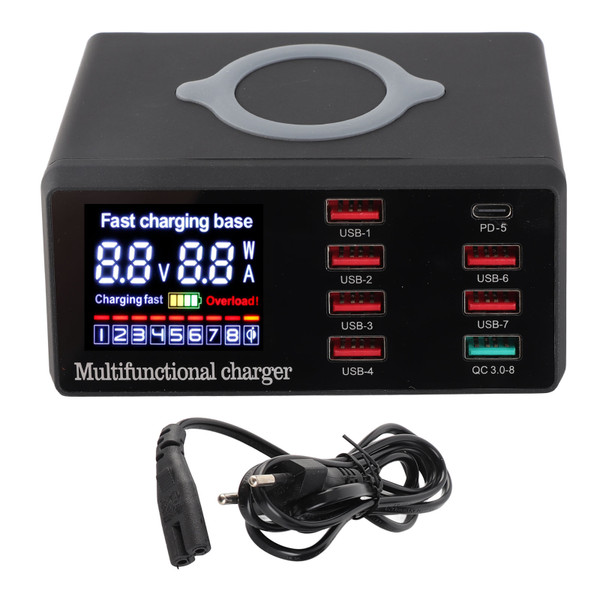 Wireless Charger 8 Ports PD QC3.0 USB 15W Intelligent Digital Display Wireless Charging Station for Phone Tablet Laptop