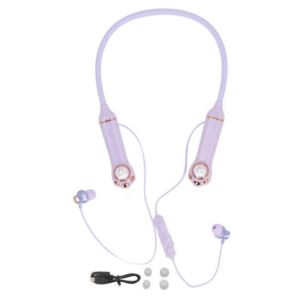 Neckband Earbuds IPX5 Bluetooth 5.3 Wireless Cat Pattern RGB Backlight Magnetic Stereo Neckband Earphone with 4pcs Earbud Tips for Workout Purple