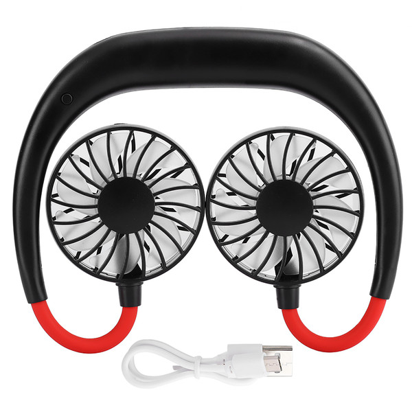 Portable Mini Neckband Fan Dual Desktop USB Rechargeable 3‑Speed Lazy Neck Hanging Style(Noir Rouge )