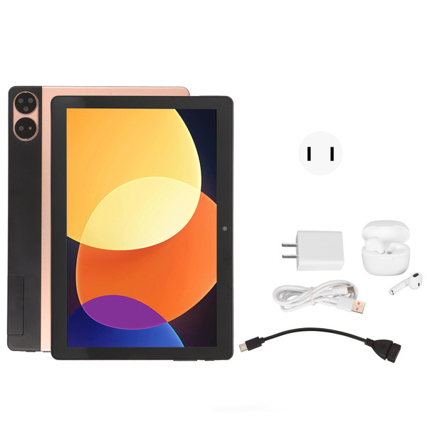 10.1 Inch Tablet 1080P Front 8MP Rear 16MP Camera 8 Core Tablet with Bluetooth Earbuds 100‑240V Gold US Plug