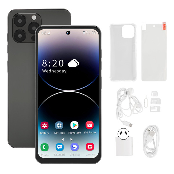 I14 Pro Max 6.7 Inch 4G Cell Phone for Android 12 4GB 128GB Smartphone with 4000mAh Battery Black 100‑240V Black AU Plug