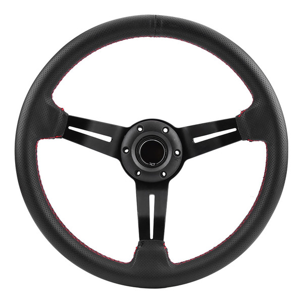 350mm/14in Universal Aluminum Frame Black Perforated Leather Car Steering Wheel W/ Horn (Red)