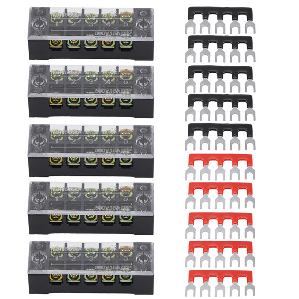 5pcs Dual Row 5 Positions 600V 15A Screw Terminal Block+10 Pre insulated Terminal Barrier Strip
