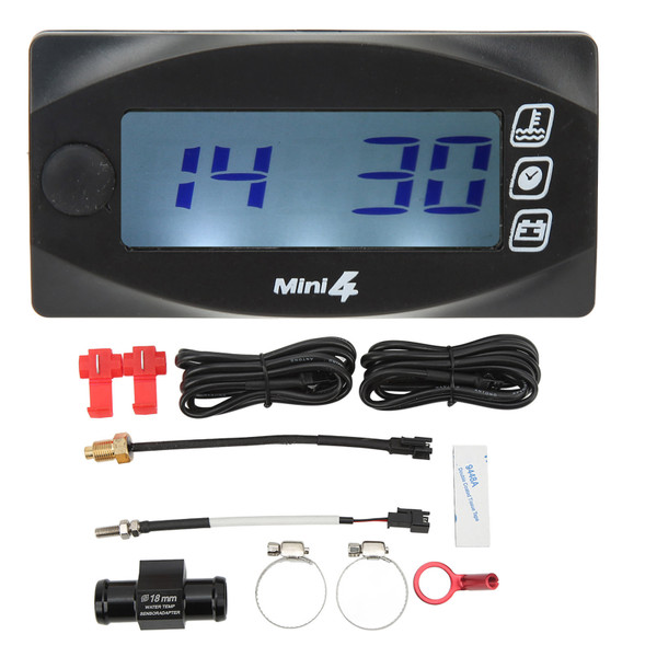 Motorcycle Voltage Temperature Gauge DC12V LCD Screen Waterproof Blue Backlight Universal for Motorbike 18mm/0.7in