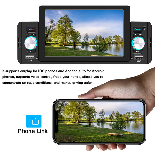 5 Inch Car Stereo MP5 Player BT FM Radio Receiver with Carplay Android Auto Support Hands-Free Calling USB Charge/Playback Phone Link Reversing Assist Steering Wheel Control