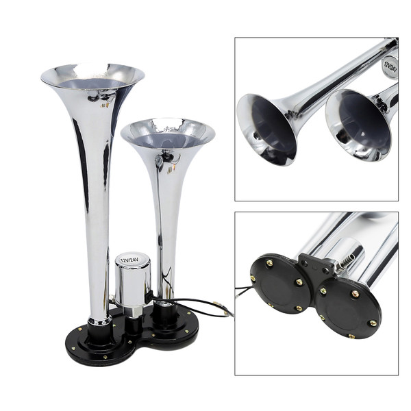 Dual Trumpet Electric Horn Loud Chrome Air Horn Speaker Kit 150dB 12V/24V Universal for Train Truck Lorry