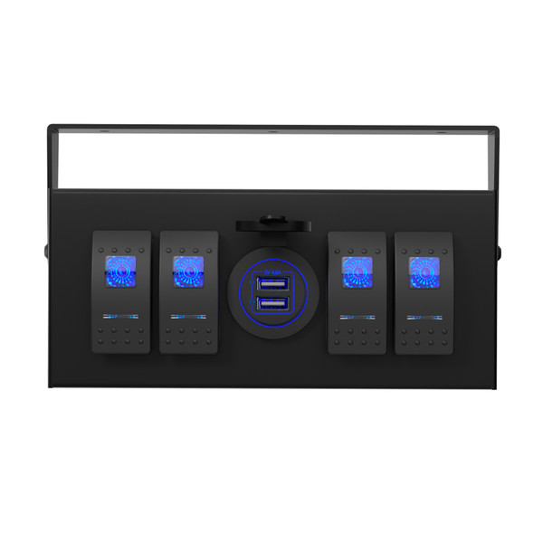 4 Gang Rocker Toggle Switch Box 4-way USB Quick Charger Blue Light Switch Dual USB 4.8A 12/24V Universal Multifunctional Mount Box for RV Vehicle Truck Trailer Yacht