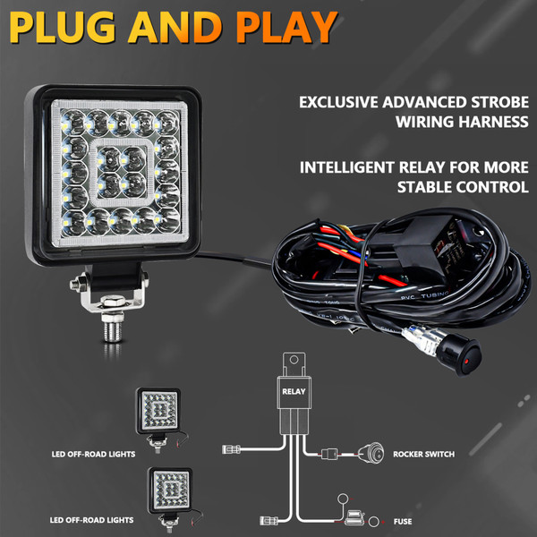 LED Light Bar, 2PCS 4 Inch 160W LED Work Lights, Waterproof Square Off Road Driving Lights with 16AWG Wiring Harness Kit for Truck ATV UTV SUV Boat