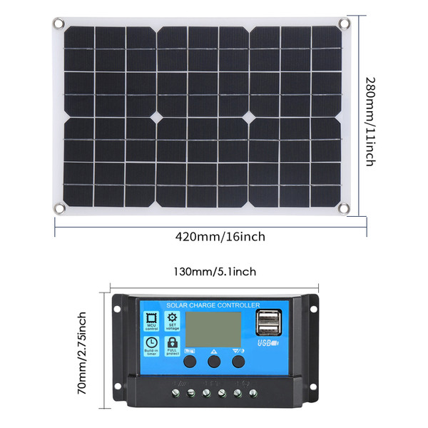 Portable 300W Solar Flexible Panel Kits Monocrystalline Silicon Solar Panel with 50A Controller Dual USB Charging Port DC5521 Battery Clamp Interface for Charging 5V Mobile Phones Sports Cameras, 12V Vehicles Ships Batteries