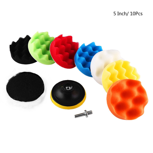 10Pcs Sponge Polishing Buffing Waxing Pad Kit For Car Polisher Buffer With Drill Adapter 5"