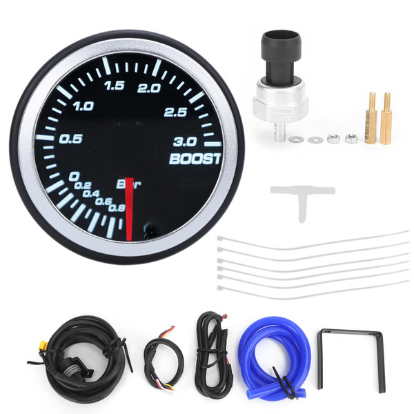 2in 12V Turbo Boost Meter -1-3Bar Display Range 10 Colors Backlight Red Pointer with Sensor Universal