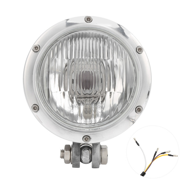 12V Retro Motorcycle Headlight Round Front Lamp High Low Beam Bright Yellow Light Universal