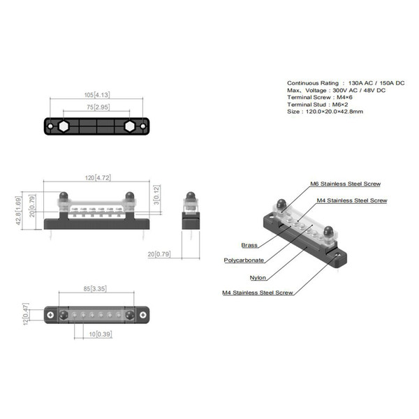 6 Terminal Single-row Bus Bar 150A BusBar Block with Cover, Ground Distribution, Power Distribution Terminal Block with 6 M4 Screws and 2 Studs, for Car Boat Marine Caravan RV