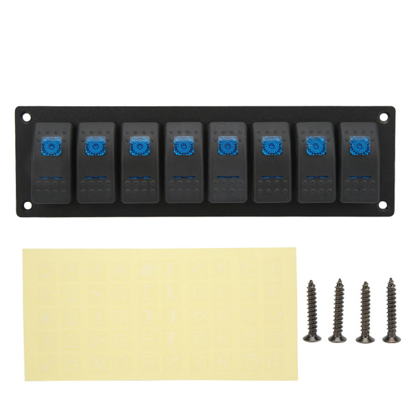 5 Pin 8 Gang Rocker Switch Panel IP66 Waterproof Blue Backlight 12‑24V DC for RV Car Truck Boat Motorcycle