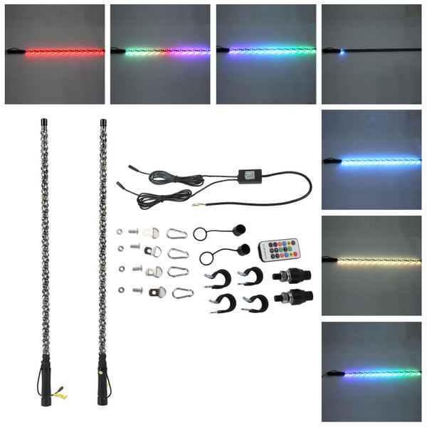 2pcs 3ft LED Whip Lights with Flag Pole RGB Color APP Control Chasing Whip Light for UTV ATV Truck Boat 12‑24V